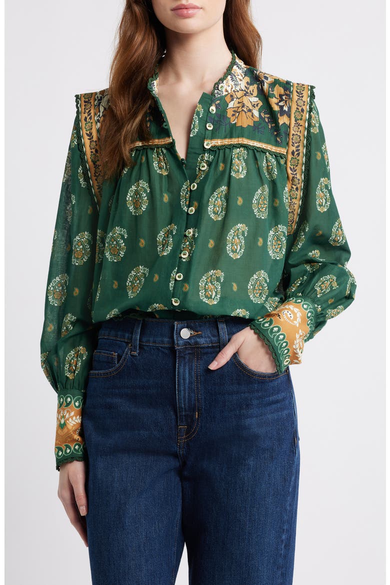 Tayla Paisley Cotton Button-Up Shirt, Main, color, GREEN