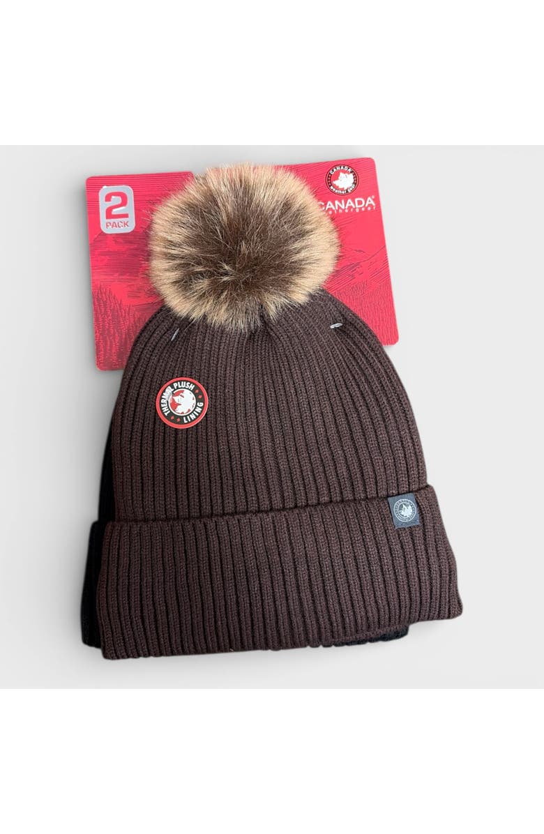 CANADA WEATHER GEAR 2-Pack Thermal Plush Lined Beanies, Alternate, color, Brown/Black