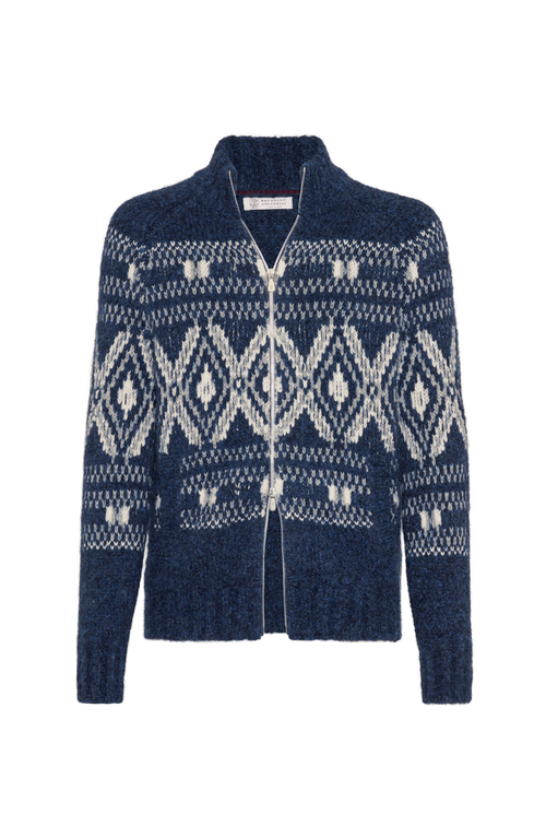 Brunello Cucinelli Geometric Jacquard Cardigan In Wool And Cashmere In Blue
