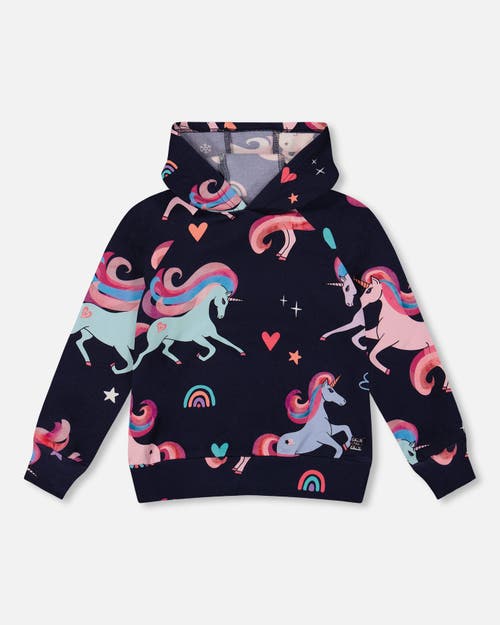Deux Par Deux Pullover Fleece Hoodie Unicorn In Blue