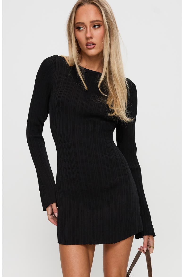 Mayok Open Back Long Sleeve Rib Minidress, Alternate, color, BLACK