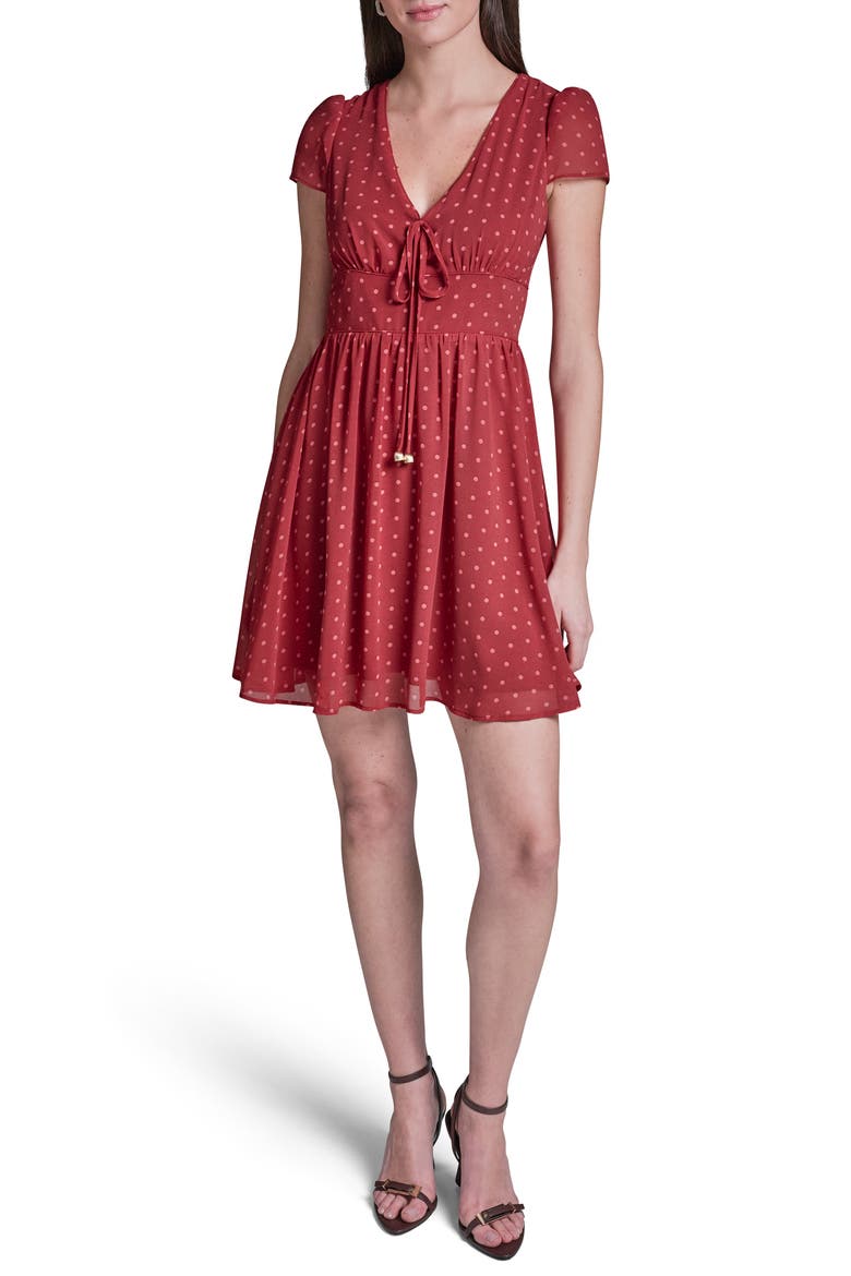 Polka Dot Short Sleeve Woven Dress, Main, color, TOSCANA CLAY