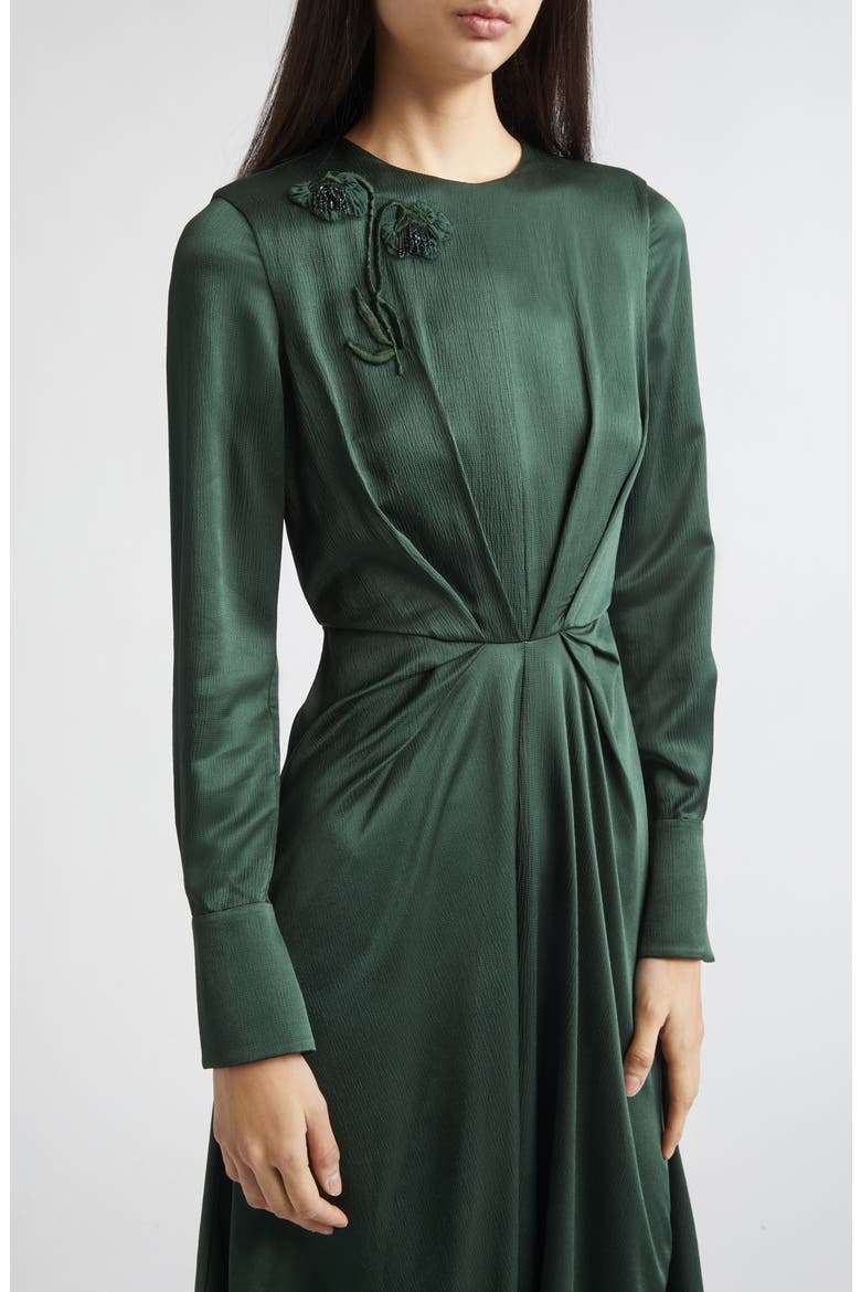 Embroidered Long Sleeve Satin Seersucker Midi Dress, Alternate, color, FOREST GREEN