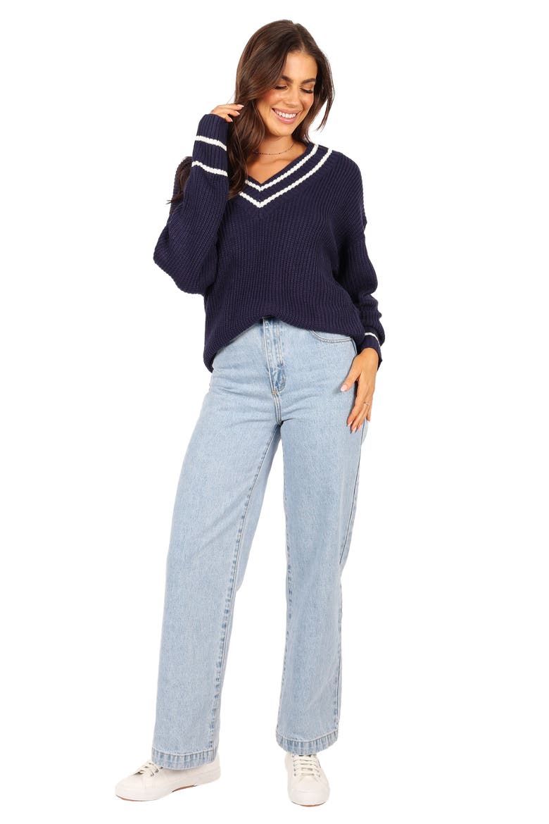 Leanna Stripe Trim Sweater, Alternate, color, NAVY