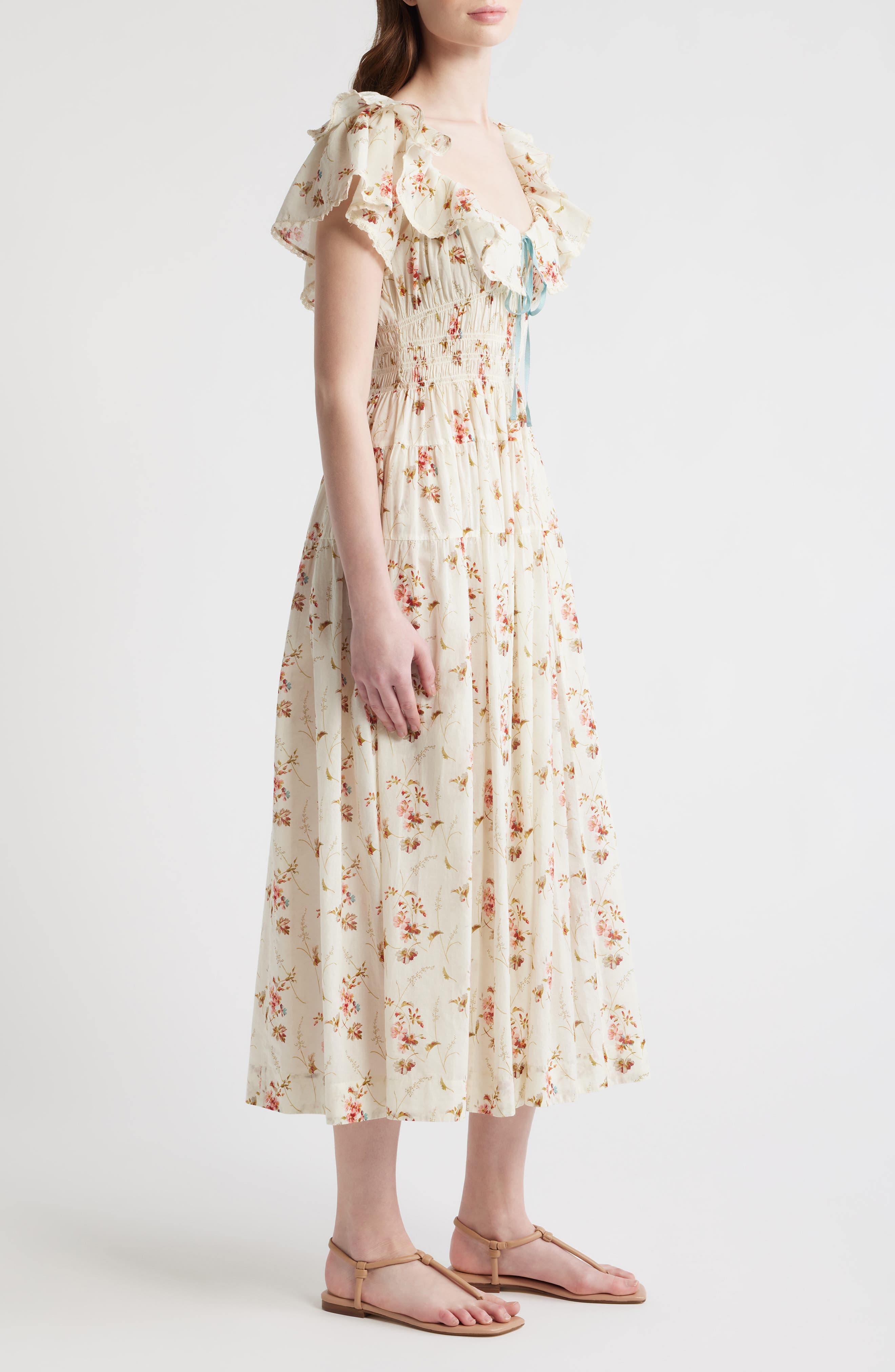 golden hour smocked bodice cotton maxi dress Illiana - Blanc Prairie Rose neckline: round