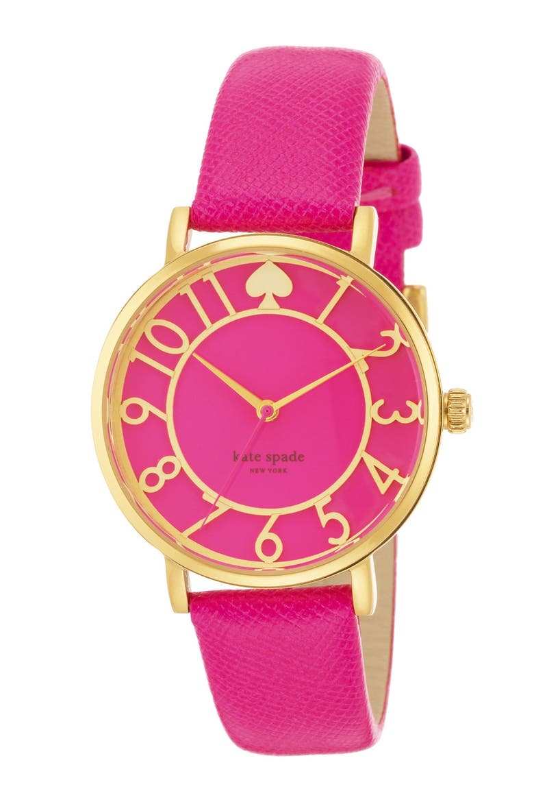 'metro' round leather strap watch, 34mm, Alternate, color, BOUGAINVILLEA PINK/ GOLD