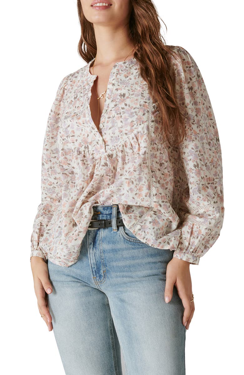 Lucky Brand Lace Inset Long Sleeve Cotton Top, Main, color, 