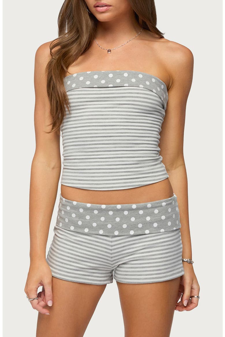 Presley Stripe & Polka Dot Foldover Tube Top, Main, color, LIGHT-GRAY-MELANGE-AND-WHITE