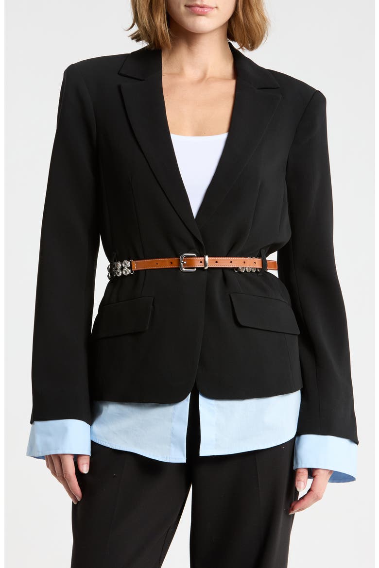 Vittoria Layered Belted Jacket, Main, color, BLACK/ CORNFLOWER