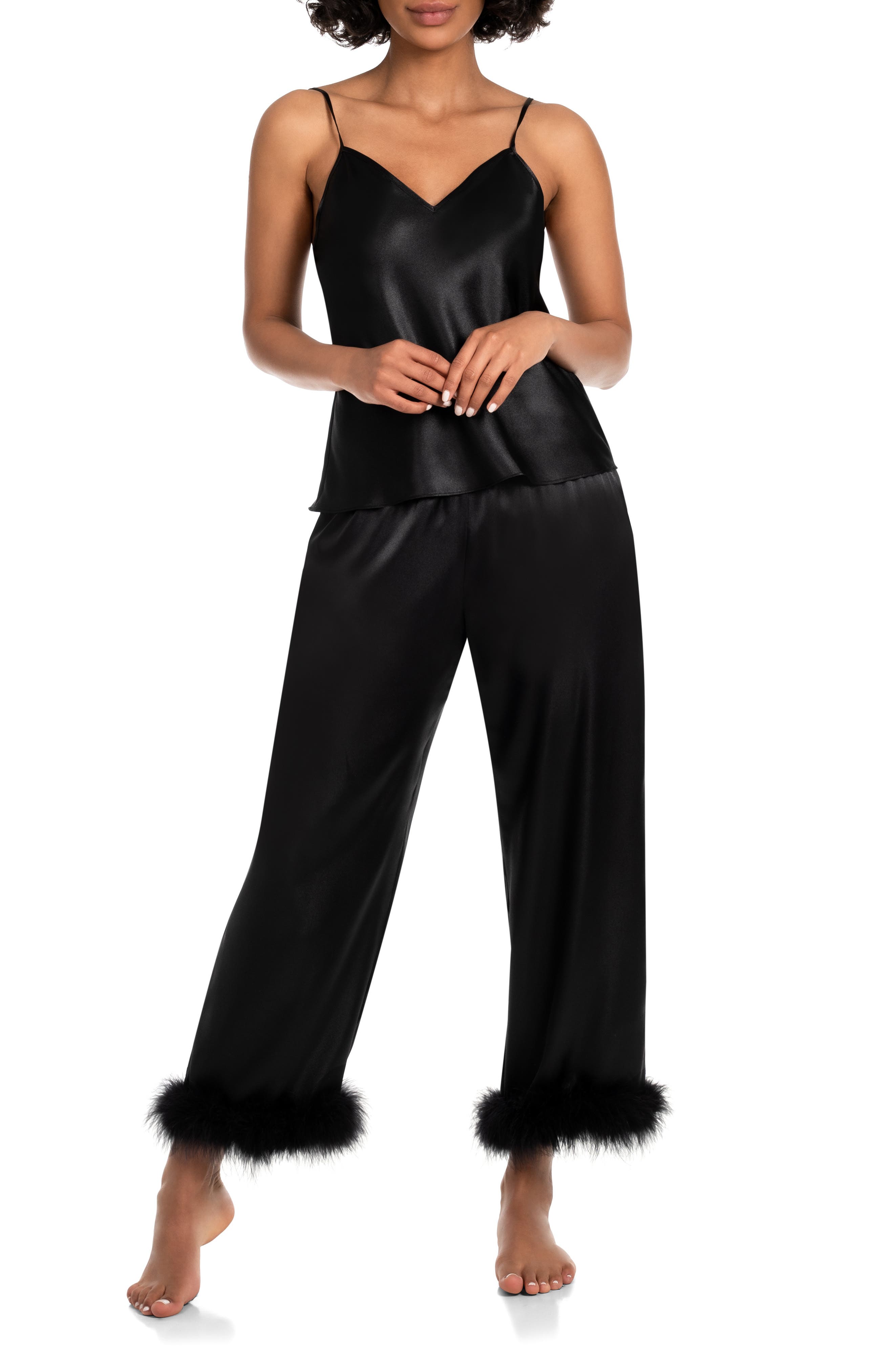 In Bloom by Jonquil Hollie Feather Trim Satin Pajamas in Black 