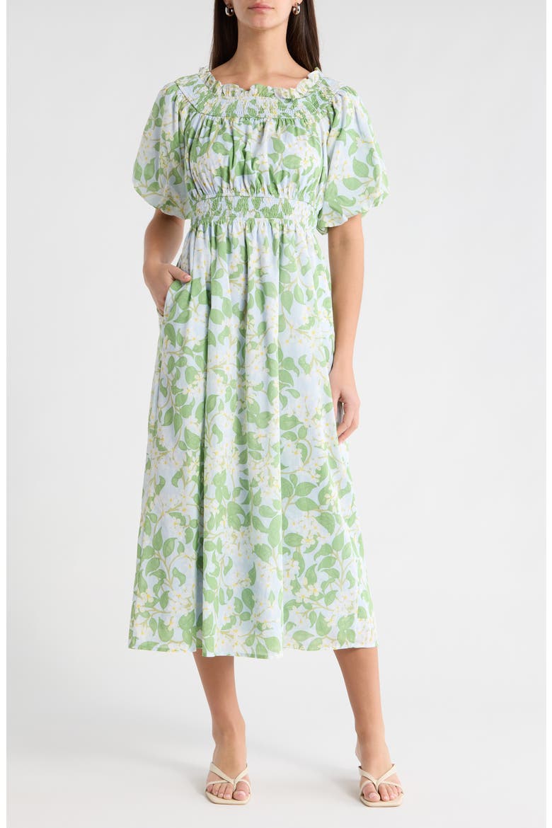 Kiany Floral Magna Town Off the Shoulder Cotton Midi Dress, Alternate, color, LIGHT-BLUE-GREEN