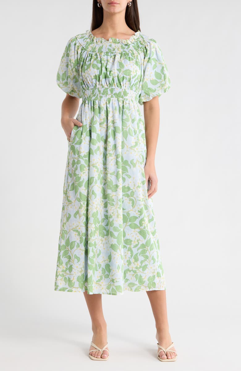 SUGARLIPS Kiany Floral Magna Town Off the Shoulder Cotton Midi Dress, Main, color, Light-Blue-Green