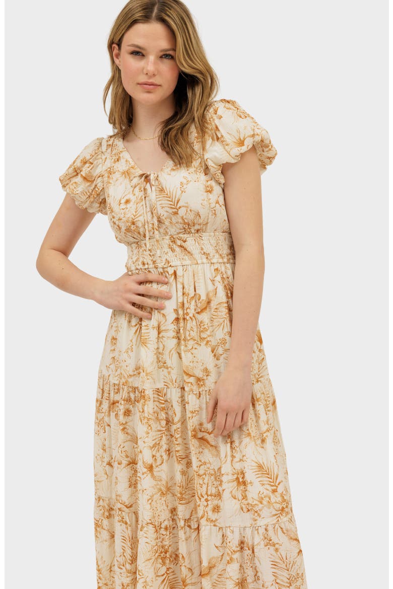 Floral Puff Sleeve Tiered Midi Dress, Alternate, color, CAMEL MULTI