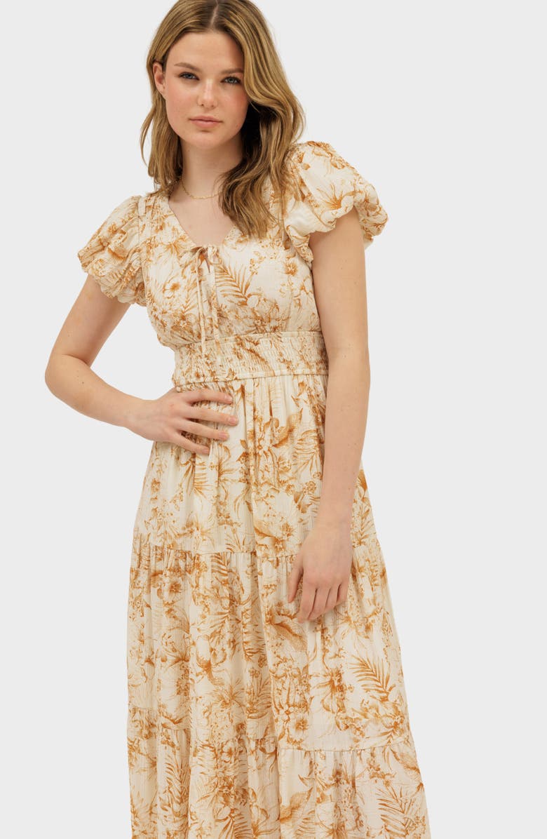 AUGUST SKY Floral Puff Sleeve Tiered Midi Dress, Alternate, color, Camel Multi