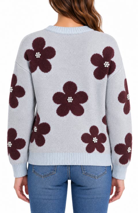 Floral Jewel Embellished Crewneck Sweater