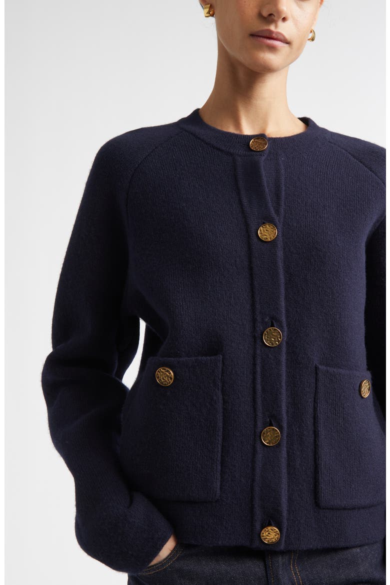 Hammered Button Cashmere & Wool Cardigan, Alternate, color, NAVY