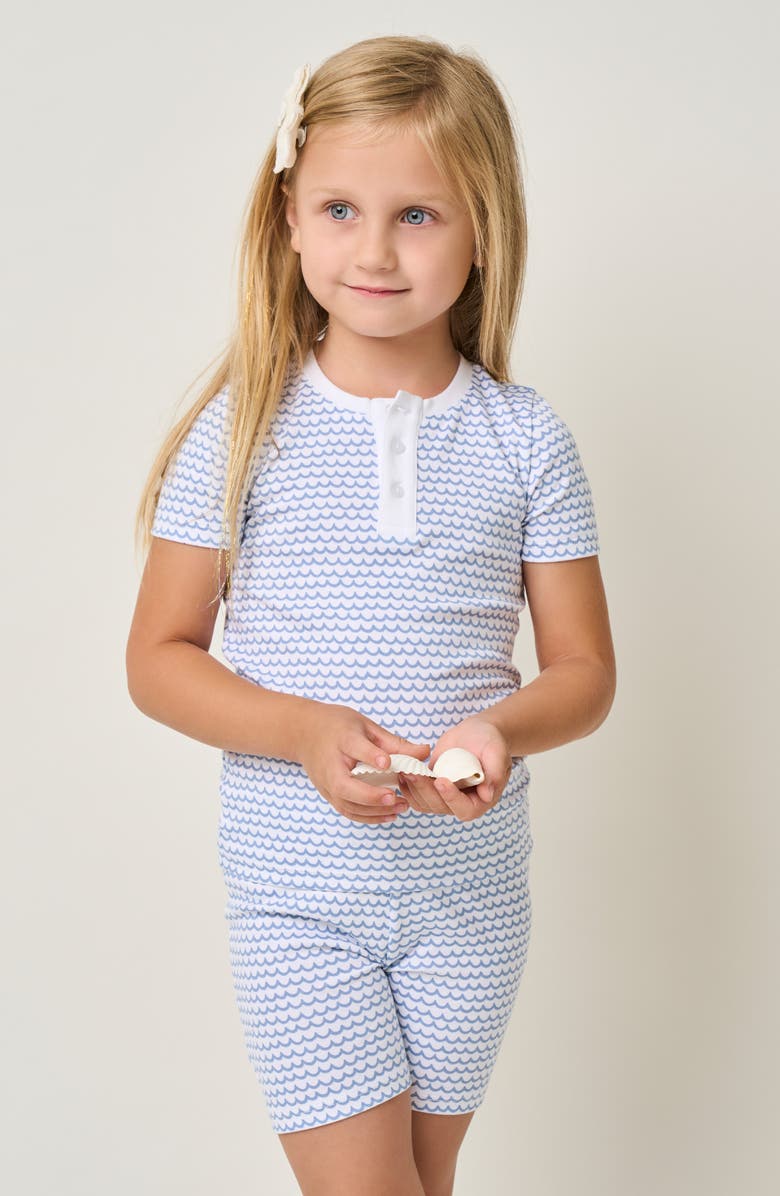 Petite Plume Kids' Wave Print Fitted Two-Piece Pima Cotton Short Pajamas, Alternate, color, La Mer