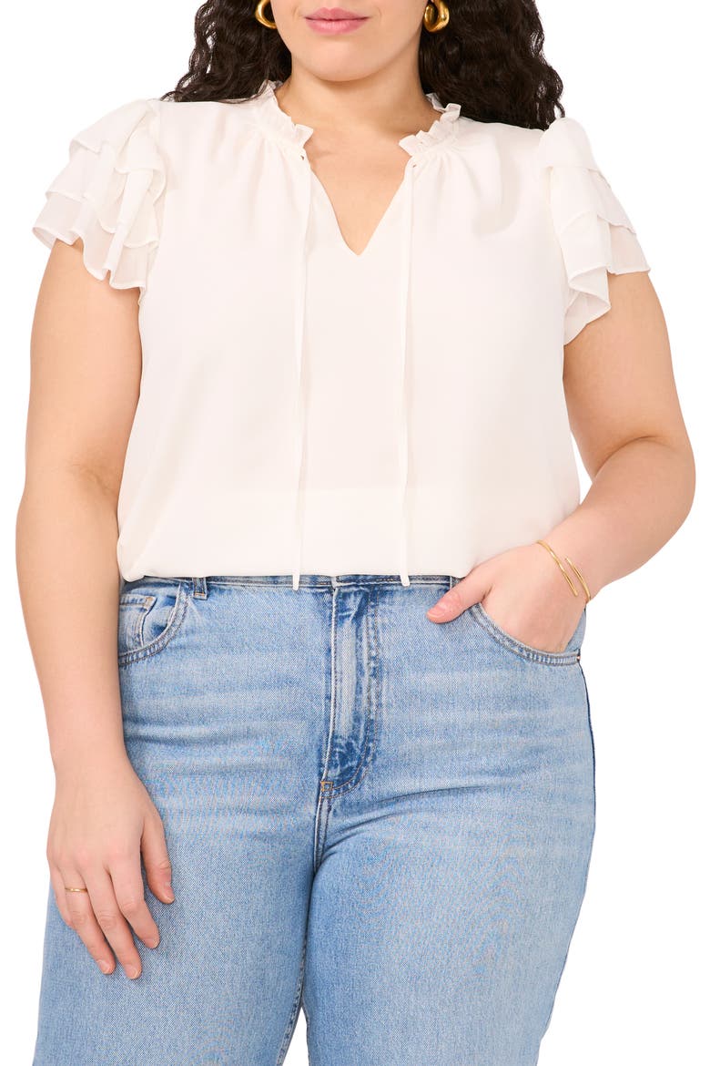 Tie Neck Flutter Sleeve Top, Main, color, NEW IVORY
