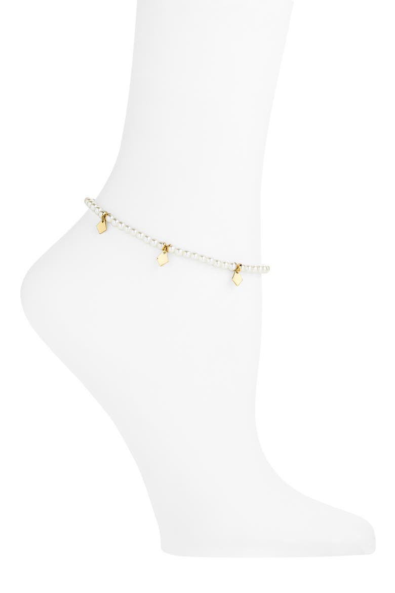 Demi-Fine Faux Pearl Anklet, Main, color, WHITE- GOLD