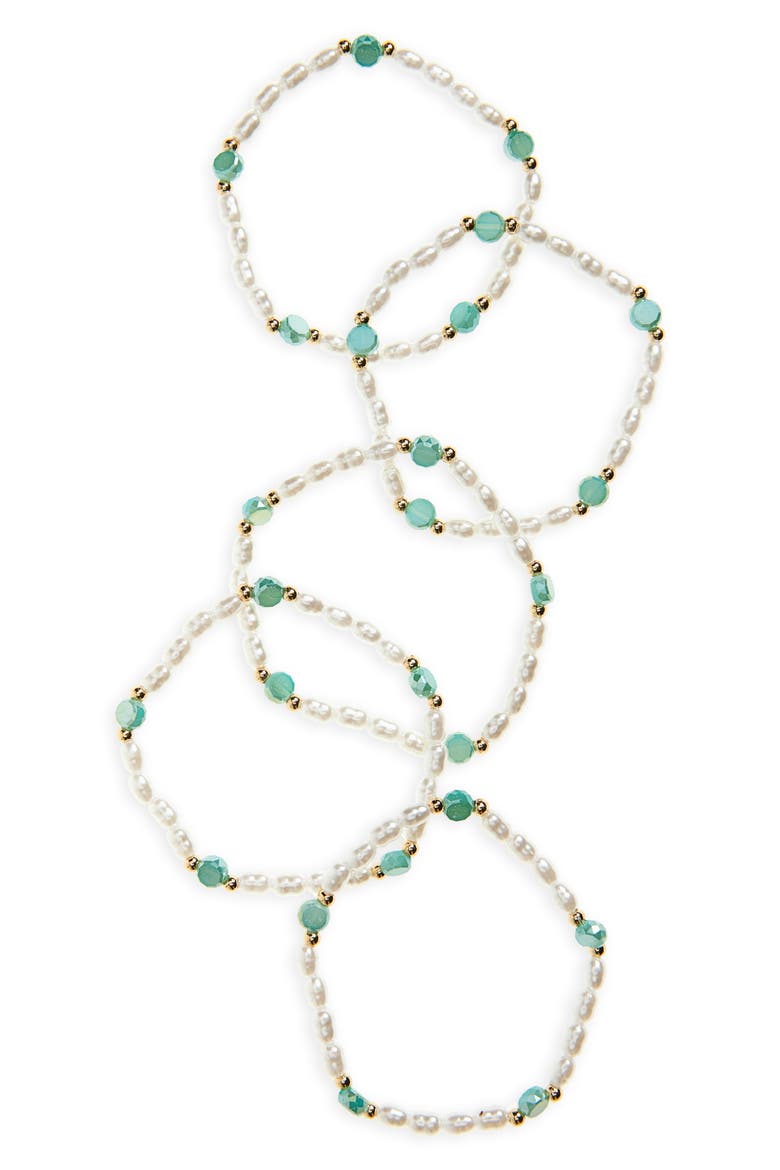 Set of 3 Faux Pearl & Crystal Beaded Stretch Bracelets, Main, color, PEARL/ TURQUOISE