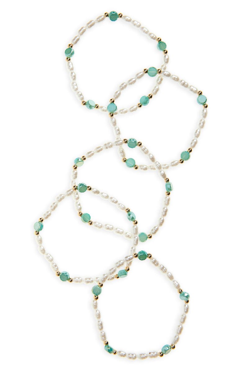 Tasha Set of 3 Faux Pearl & Crystal Beaded Stretch Bracelets, Main, color, Pearl/ Turquoise