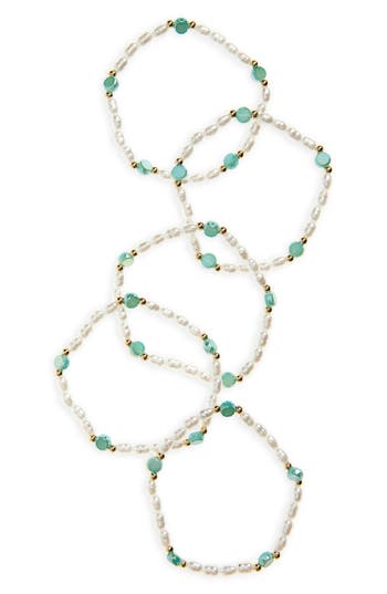 Tasha Set Of 3 Faux Pearl & Crystal Beaded Stretch Bracelets In Pearl/turquoise