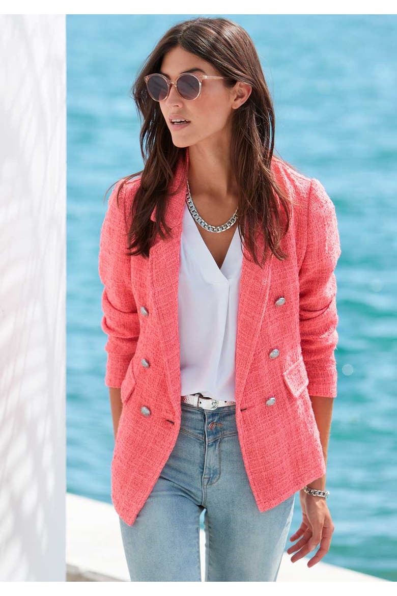 Double Breasted Boucle Blazer, Alternate, color, Coral