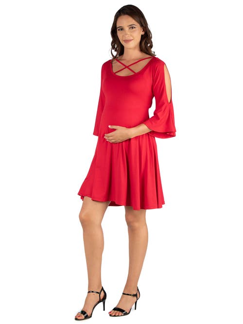 24seven Comfort Apparel Maternity Knee Length Cold Shoulder Dress In Red