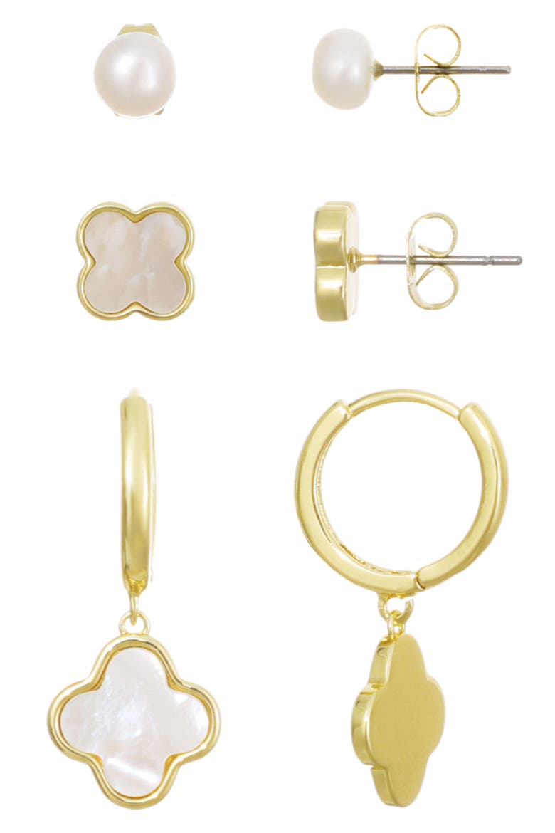 14K Gold Plated Freshwater Pearl & Mother-of-Pearl Stud & Clover Drop Earrings, Main, color, GOLD/ WHITE