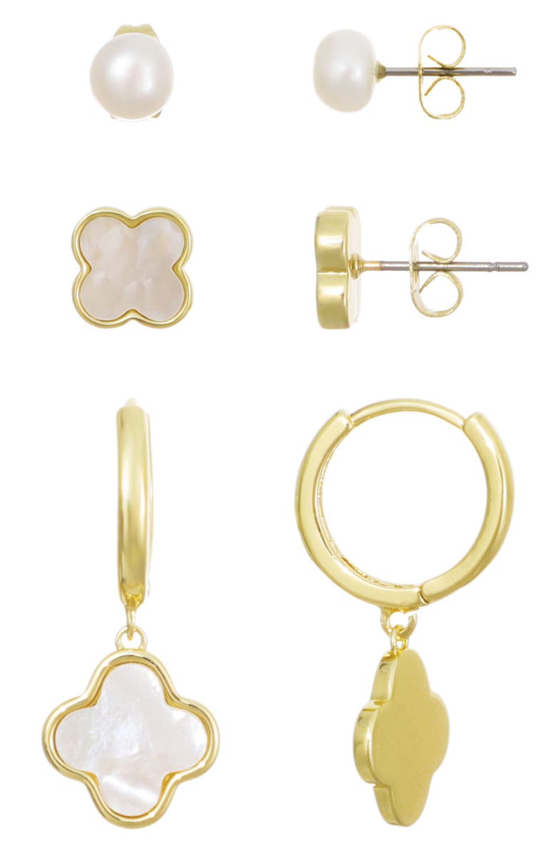 Adornia 14K Gold Plated Freshwater Pearl & Mother-of-Pearl Stud & Clover Drop Earrings, Main, color, Gold/ White