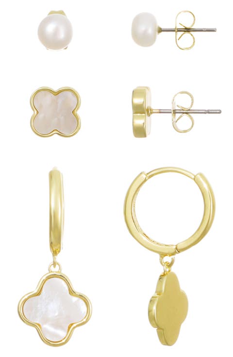 14K Gold Plated Freshwater Pearl & Mother-of-Pearl Stud & Clover Drop Earrings