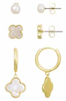 Adornia 14K Gold Plated Freshwater Pearl & Mother-of-Pearl Stud & Clover Drop Earrings