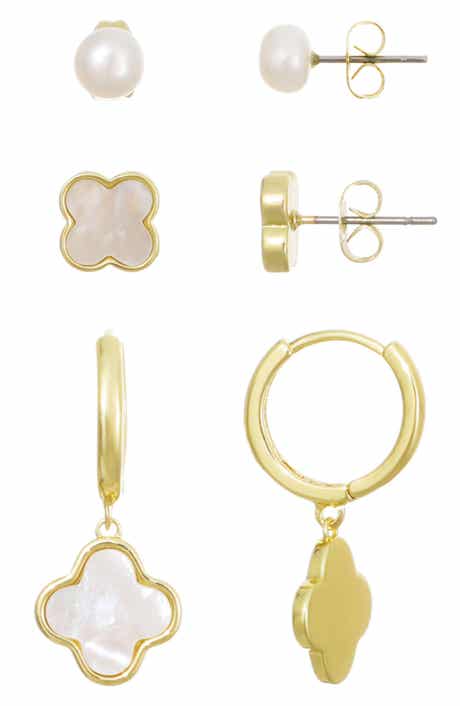 Adornia 14K Gold Plated Freshwater Pearl & Mother-of-Pearl Stud & Clover Drop Earrings