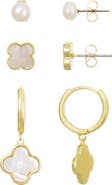 Adornia 14K Gold Plated Freshwater Pearl & Mother-of-Pearl Stud & Clover Drop Earrings