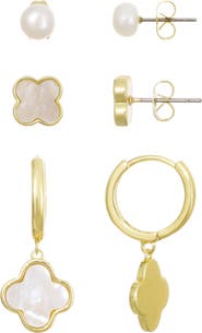 Adornia 14K Gold Plated Freshwater Pearl & Mother-of-Pearl Stud & Clover Drop Earrings