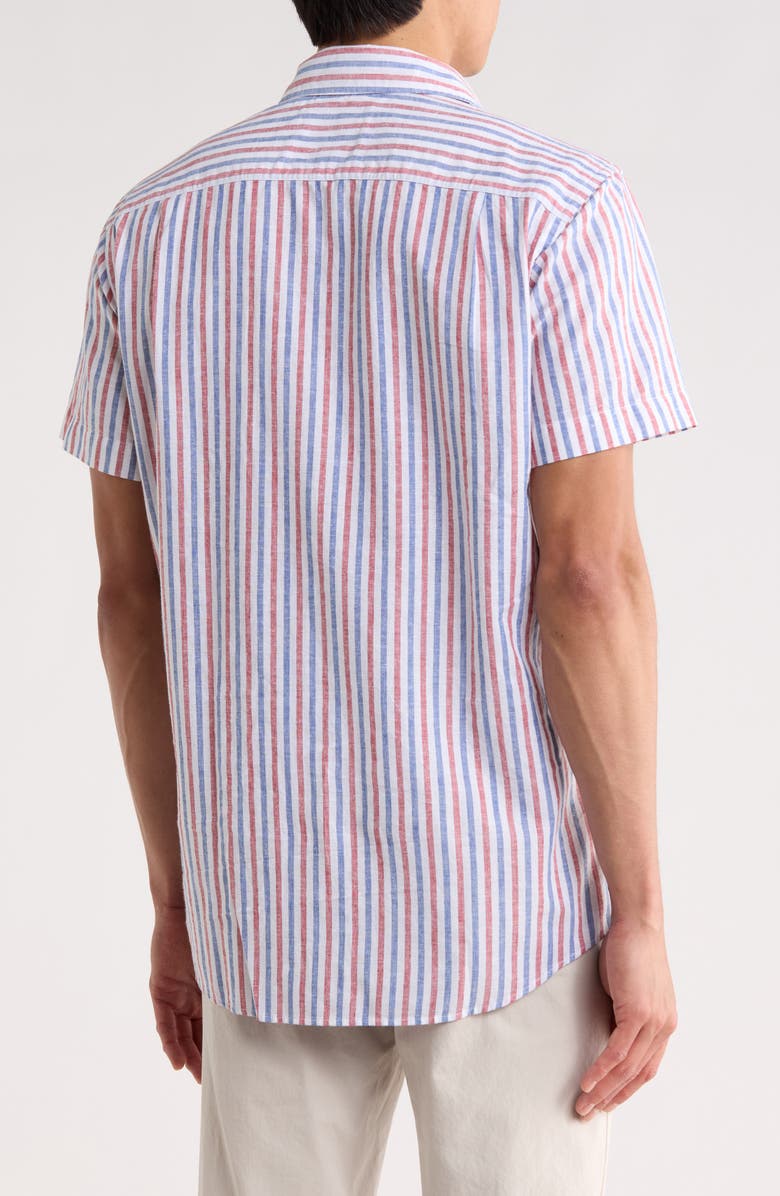 Rodd & Gunn Denby Crescent Stripe Short Sleeve Cotton & Linen Button-Up Shirt, Alternate, color, Marine