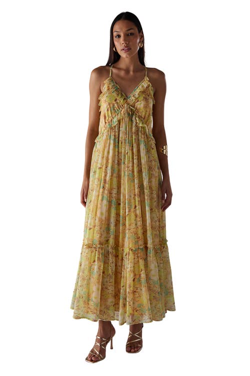 Warehouse Chiffon Ruffle Strappy Floaty Maxi Dress In Yellow
