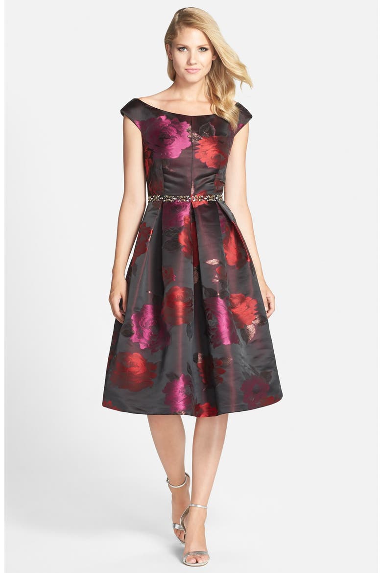 Embellished Metallic Jacquard Fit & Flare Dress, Alternate, color, PRINT