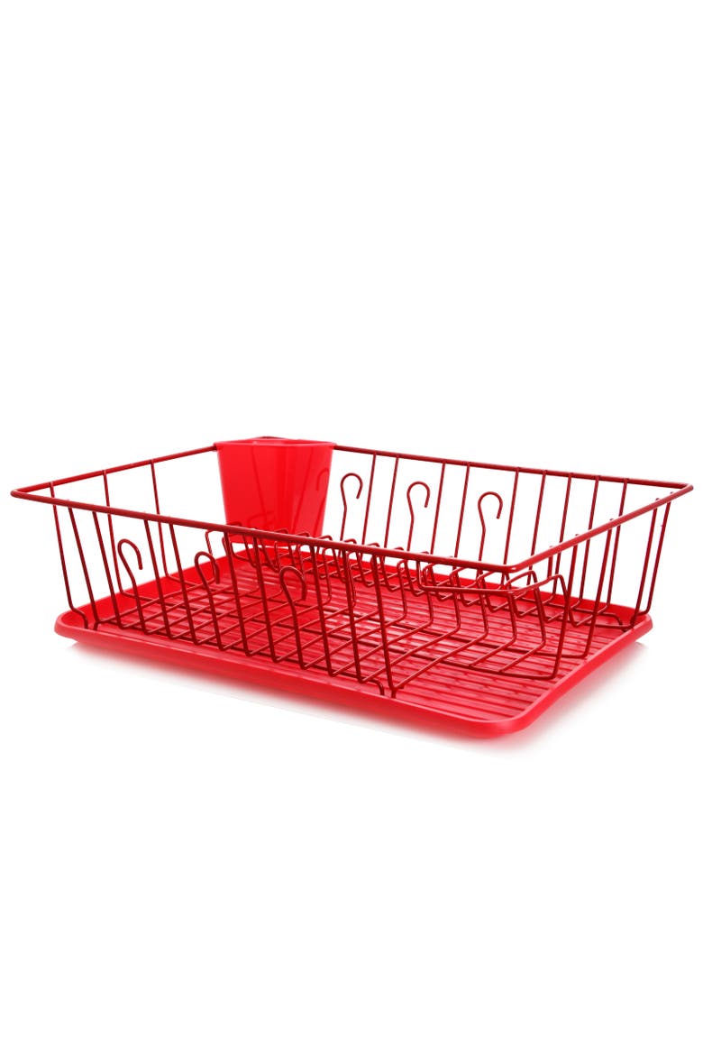 17.5 Inch Dish Rack with 14 Plate Positioners and a Detachable Utensil Holder, Main, color, Red