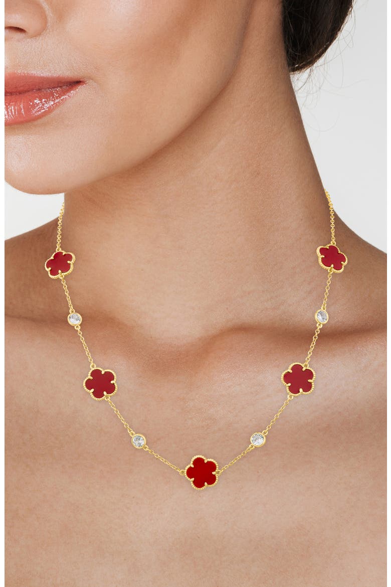 Cubic Zirconia & Enamel Clover Station Necklace, Alternate, color, RED/ CLEAR GOLD