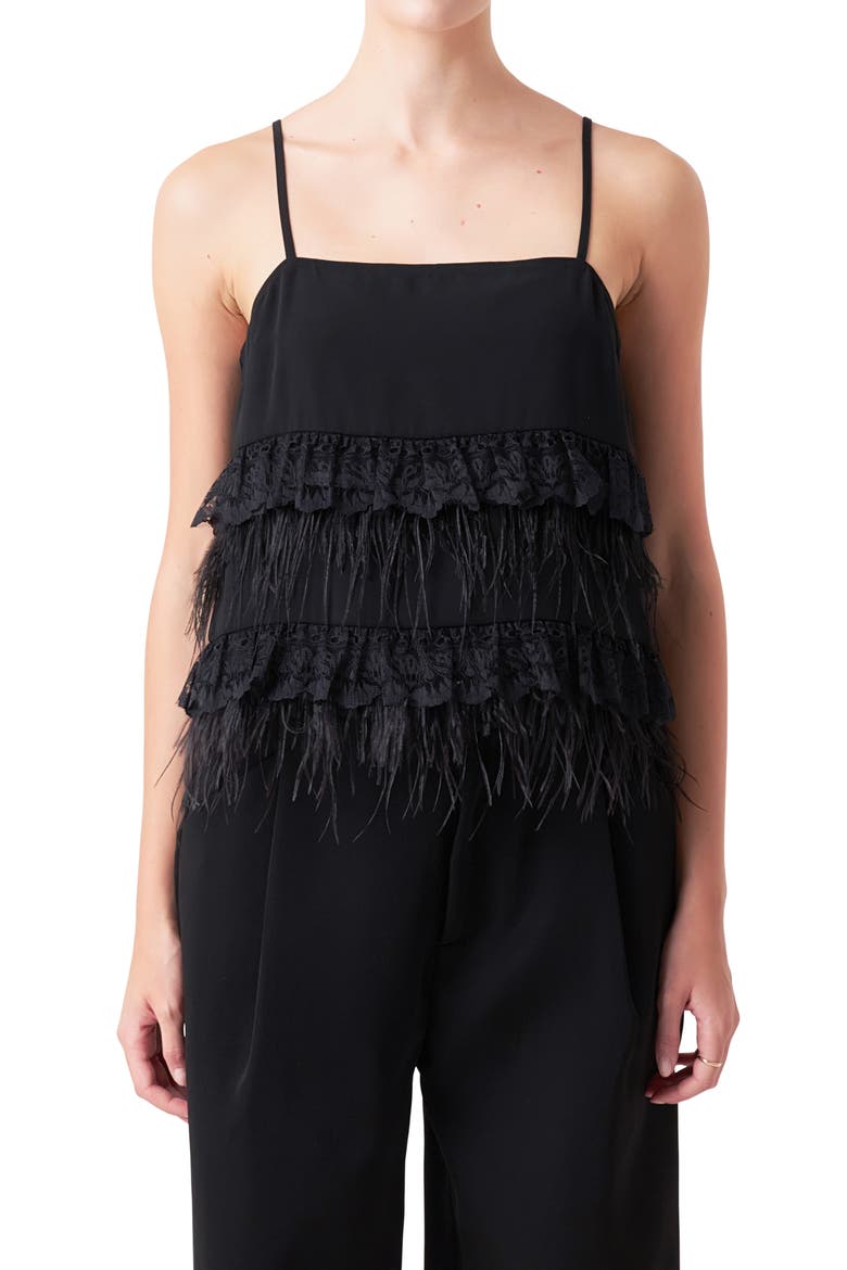 Lace Feather Trim Camisole, Alternate, color, BLACK