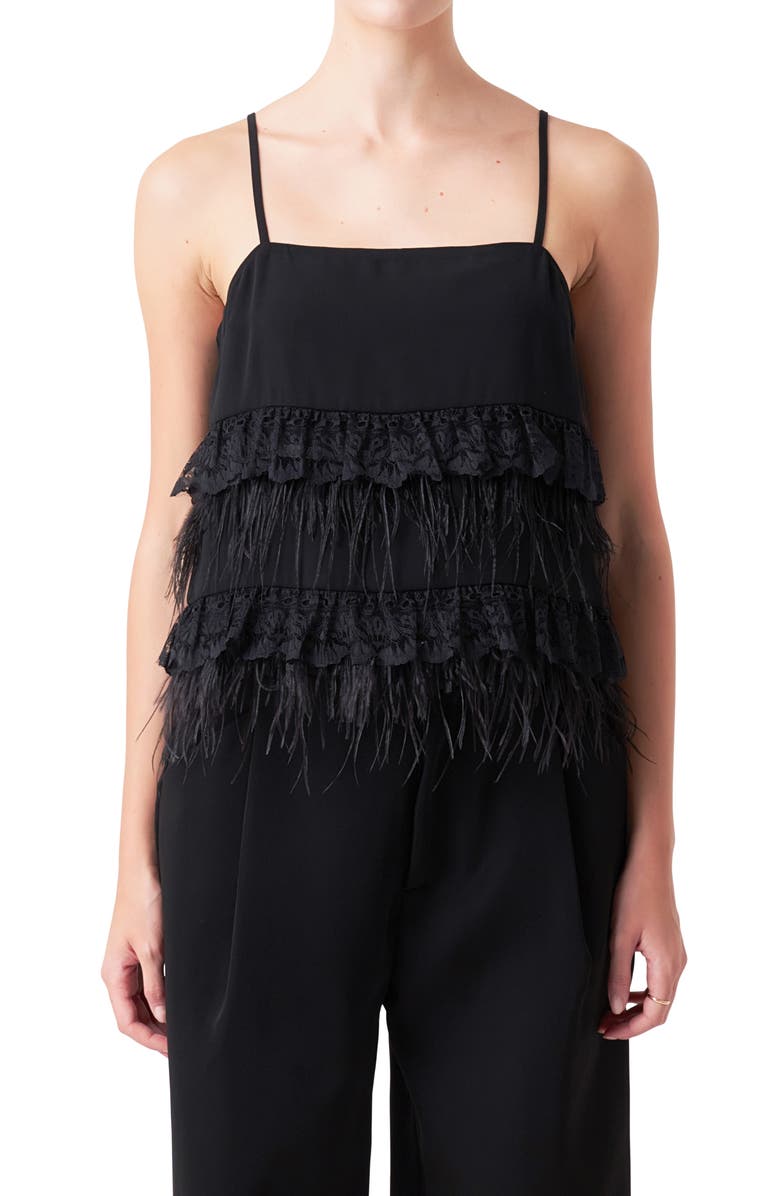 Endless Rose Lace Feather Trim Camisole, Alternate, color, Black