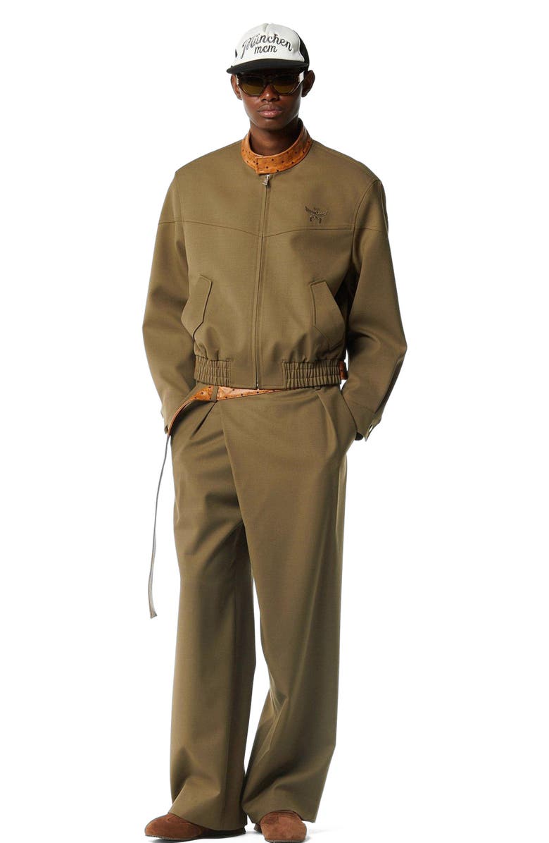 MCM Jacket in Wool Twill and Monogram Print Leather, Main, color, Khaki