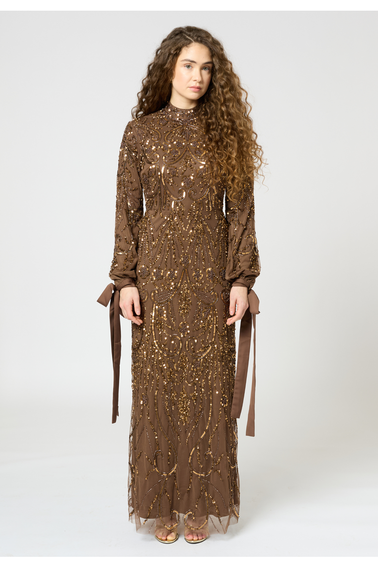 Modest Embellished Sequin Beaded Dress Maxi With Ribbon Design Sleeves, Main, color, CHOCOLATE