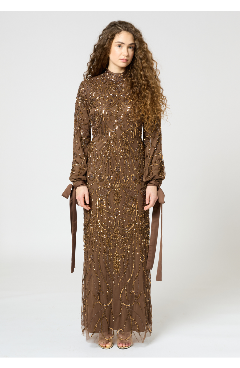 MARYISA Modest Embellished Sequin Beaded Dress Maxi With Ribbon Design Sleeves, Main, color, Chocolate