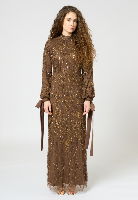 Modest Embellished Sequin Beaded Dress Maxi With Ribbon Design Sleeves