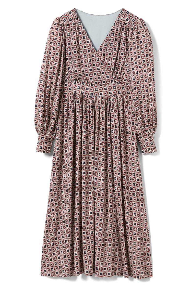 Print Long Sleeve Faux Wrap Midi Dress, Alternate, color, ALMOND PINK SQUARE