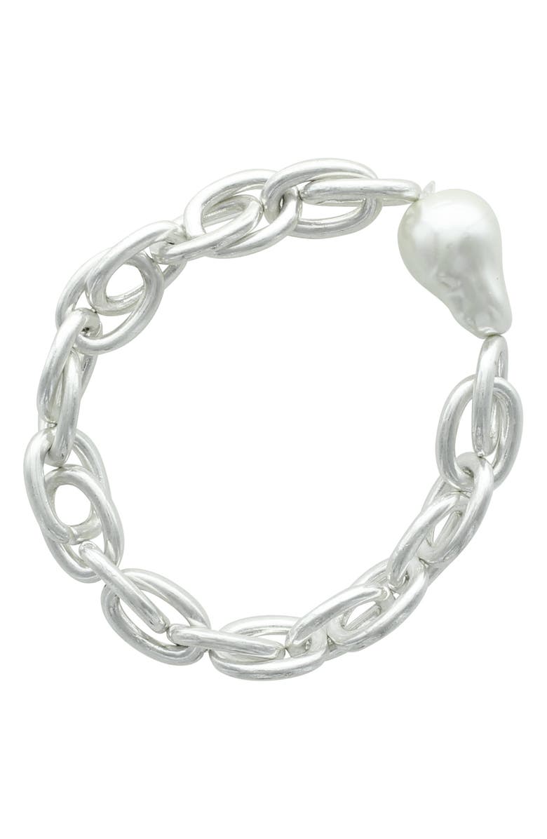 OLIVIA WELLES Bridget Faux Pearl Stretch Bracelet, Main, color, Silver/ White
