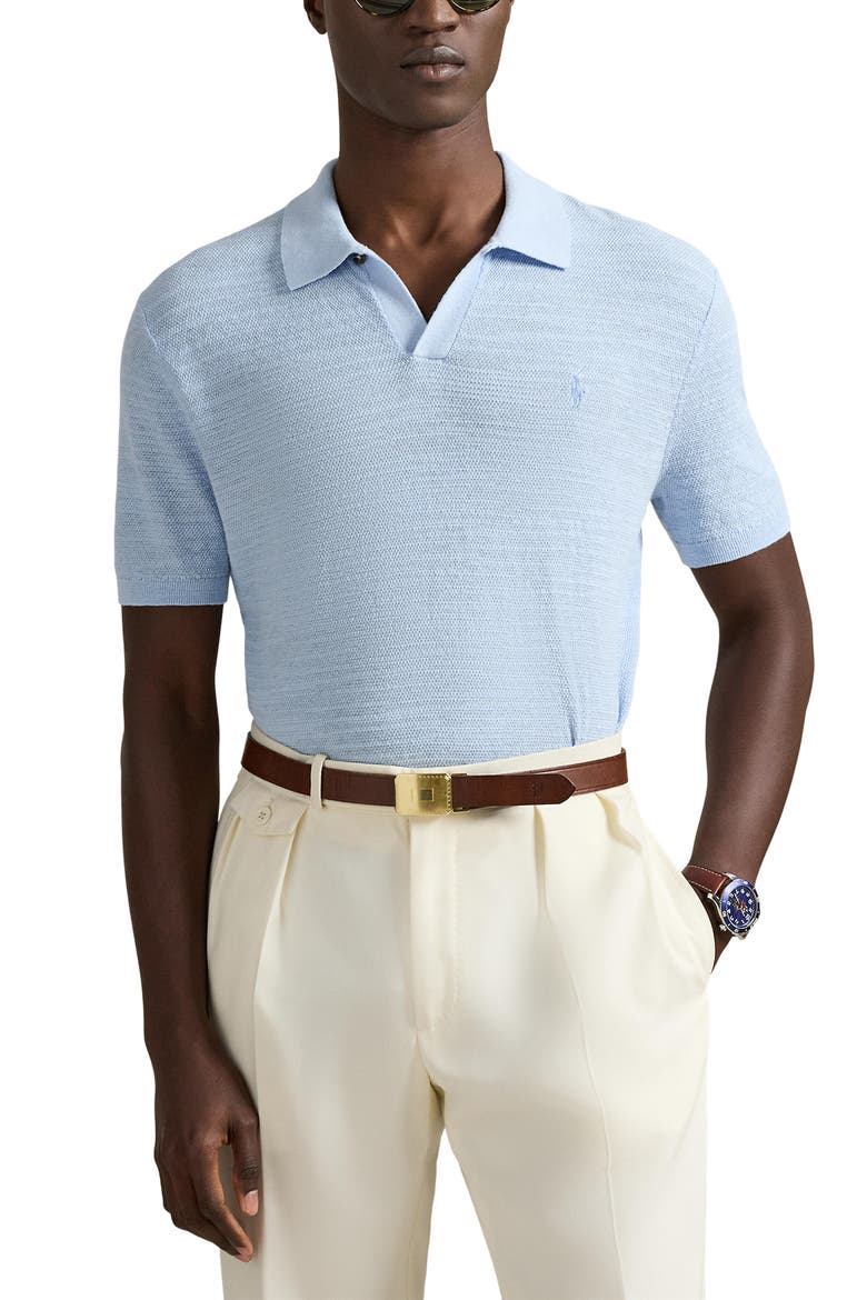 Textured Seed Stitch Cotton & Linen Polo, Main, color, OFFICE BLUE/ DECKWASH WHITE