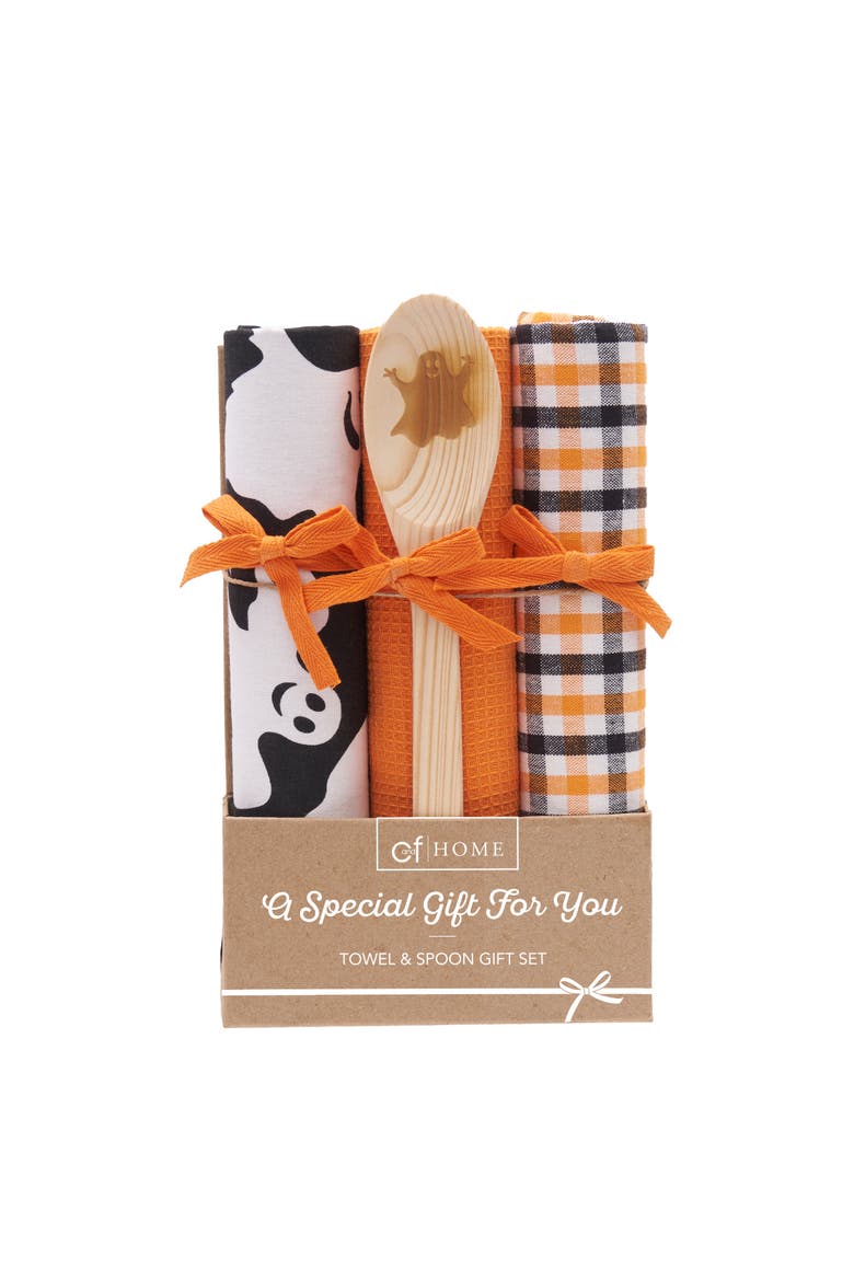 Hey Boo Halloween Kitchen Dishtowels & Spoon Gift Bundle Set of 4, Main, color, Orange